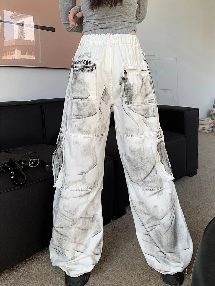Women's White Cargo Jeans Baggy Vintage High Waist Cowboy Pants Harajuku Aesthetic Tie-Dyed Denim Trousers 90s Y2k Clothes 2024