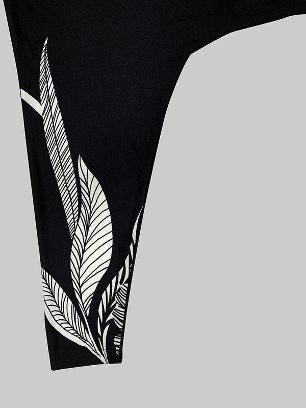 Asymmetric Floral Printed High Neck T-Shirt Long Batwing Sleeve Loose Casual