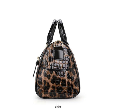 Leopard Handbag Leather Women's Bag Large Capacity Boston Bag Fashion Versatile Cowhide One Shoulder Crossbody Bag