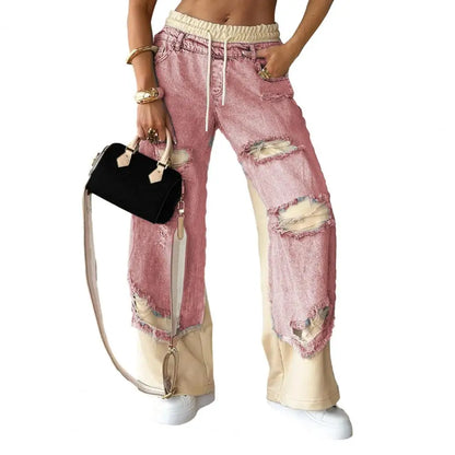 Women's Large Hole Patchwork Jeans High Waist Wide Legs Casual Bottoms Denim