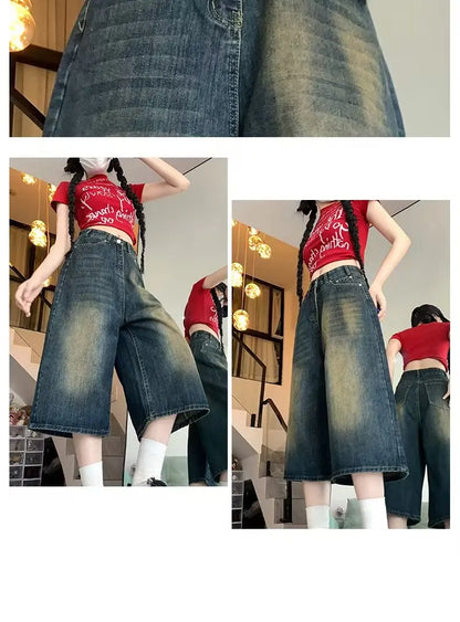 American Retro Old Seven-point Denim Shorts for Women Summer New High Waist Straight Wide-leg Casual Mid-leg Hot Pants Alo Skirt
