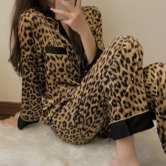 Pajamas Set Women's Fashion Leopard Print Long-Sleeved Sleepwear Loungewear