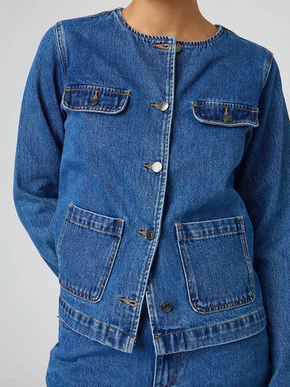 Ladies Classic Blue Denim Jacket with Round Neckline Long Sleeves and  Fit Button Down