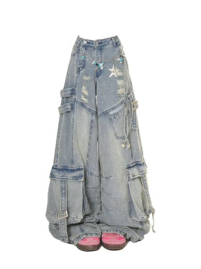 Women's Blue Star Embroidered Jeans Baggy Y2K High Street Harajuku Fashion High Waist Wide Leg Retro Jeans Pants Clothing 2025