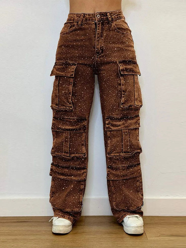 High Waist Cargo Denim Jeans With Full Rhinestones Sparkling Casual Baggy Pants Streetwear Chic Daily Trousers