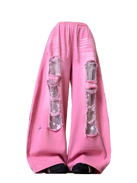 Women's Pink Lace Jeans Cargo Baggy Y2K American Harajuku Streetwear 2000S Style Loose Wide Leg 90s Retro Jeans Pants Clothing
