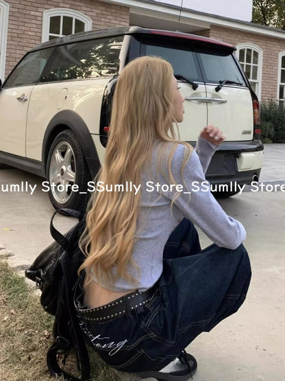 Embroidery Stitched Jeans Women Summer Loose Retro High Waisted Pants Y2k Design Wide Leg Cropped Shorts