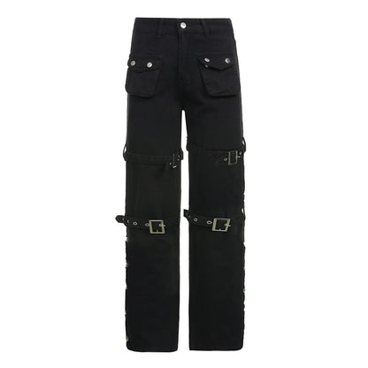 Gothic Metal Button Bandage Trousers Wide Straight Leg Black Punk Cargo Jean Baggy Pants