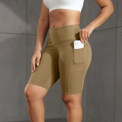 Solid Yoga Shorts with 3 Pockets High Waist Butt Lifting Elastic Cycling Shorts Activewear