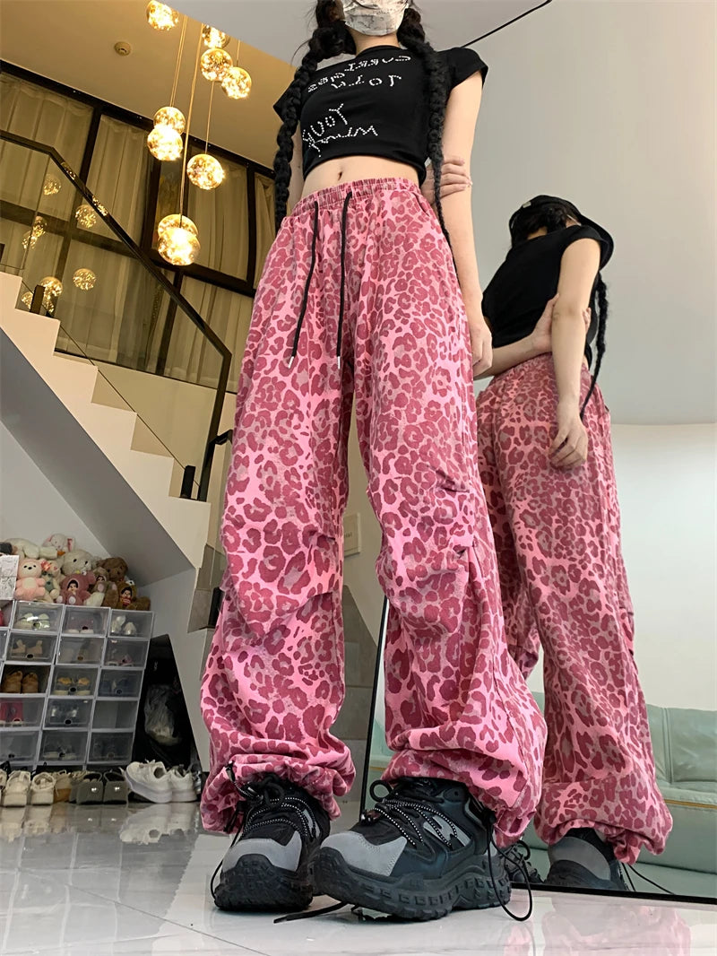 Women's Red Leopard Pants Jogger Harajuku Streetwear Sweatpants Loose Pants Y2k Retro 2000s Aesthetic Vintage Trousers Clothes