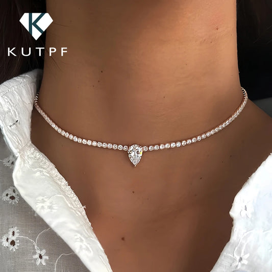 All Moissanite Tennis Necklace with Solitaire Waterdrop Diamond Riviera Necklace for Women 925 Sterling Silver Adjustable Choker
