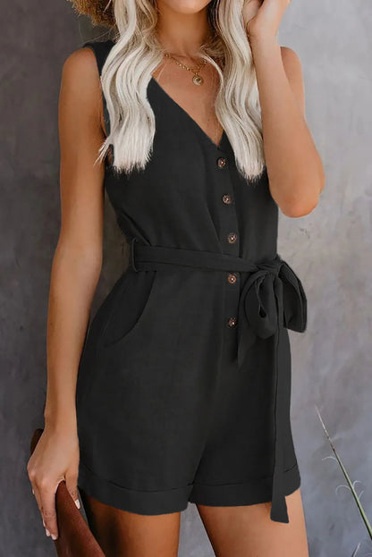 Women's Casual V-neck Monochromatic Jumpsuit, Five-Point Shorts