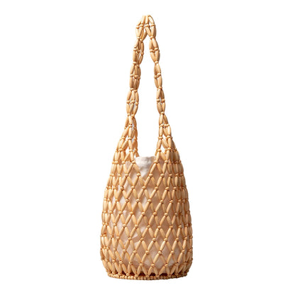 Women Hollow-out Bucket Bags Woven Hand Bag Wooden Bead Shoulder Bags Beach Top-Handle Bags Summer Netted Canvas Tote Handbag