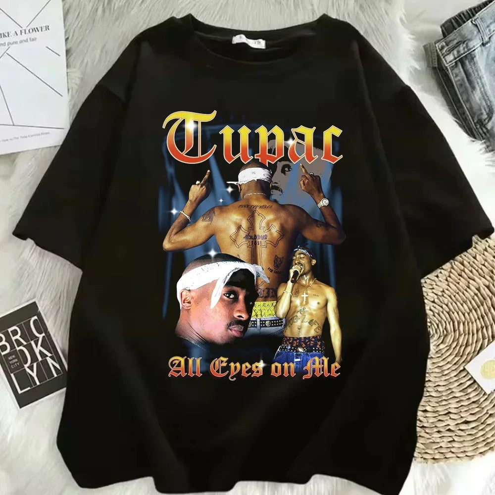 Summer Fashion T-shirt Rapper Tupac Top Hip-hop Street T-shirt with Printed Patterns Short-sleeved T-shirt for Men and Women