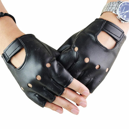Unisex Black Leather Fingerless Gloves Solid Half Finger Driving Men  Punk Gloves