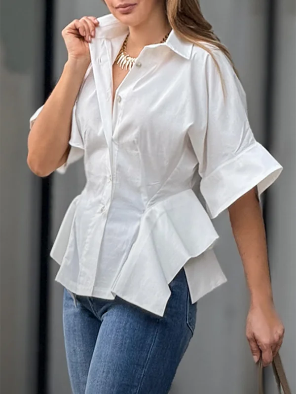 Cotton White Blouses Half Sleeve Loose Buttoned Solid Color Casual Asymmetrical
