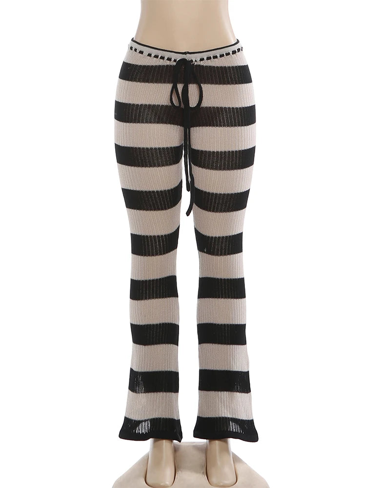 Kliou Stripe Patchwork Long Pants Woman Autumn Trend Crochet Shirring Elastic High Waist Skinny Peach Hip Street Style Bottoms