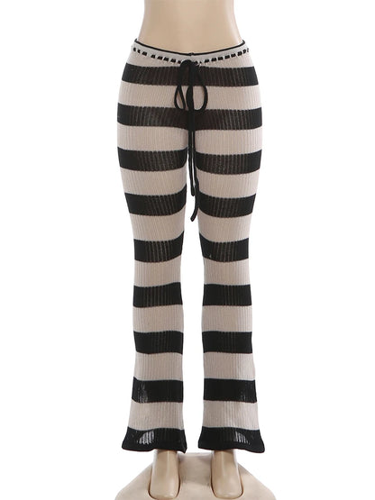 Kliou Stripe Patchwork Long Pants Woman Autumn Trend Crochet Shirring Elastic High Waist Skinny Peach Hip Street Style Bottoms