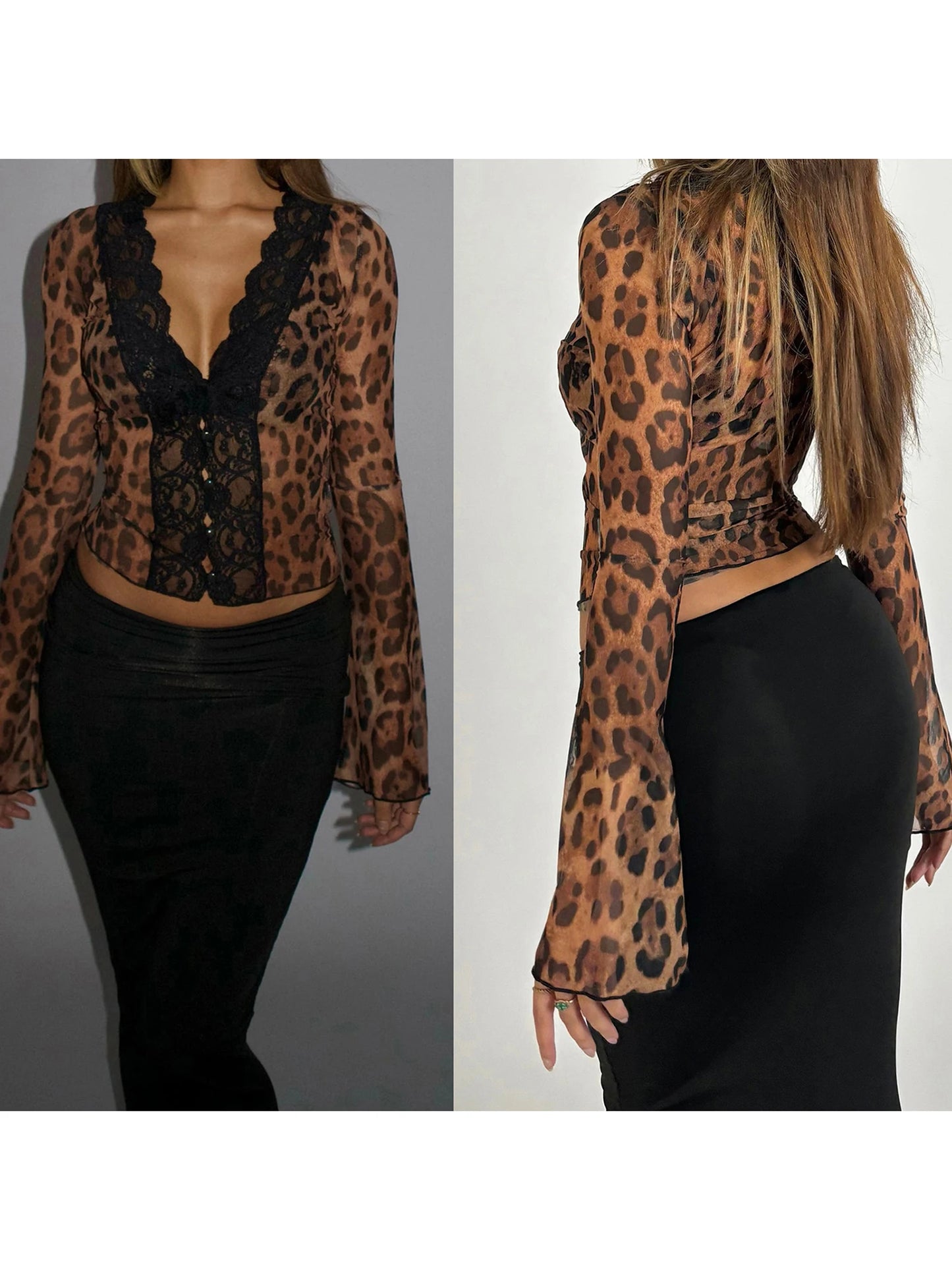 Women's Leopard Print Lace Patchwork V-Neck Button Down Long Sleeve Blouse