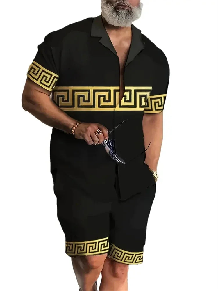 Men's Hawaiian Short-Sleeved Shirt Shorts Set Drawstring Shorts Jungle Print