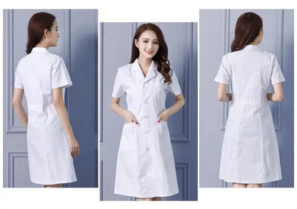 Hospital Clinical Uniforms Scrubs Lab Coat Pharmacy Short Sleeve Nurse Doctor Dress Medical Robe Women White Coat