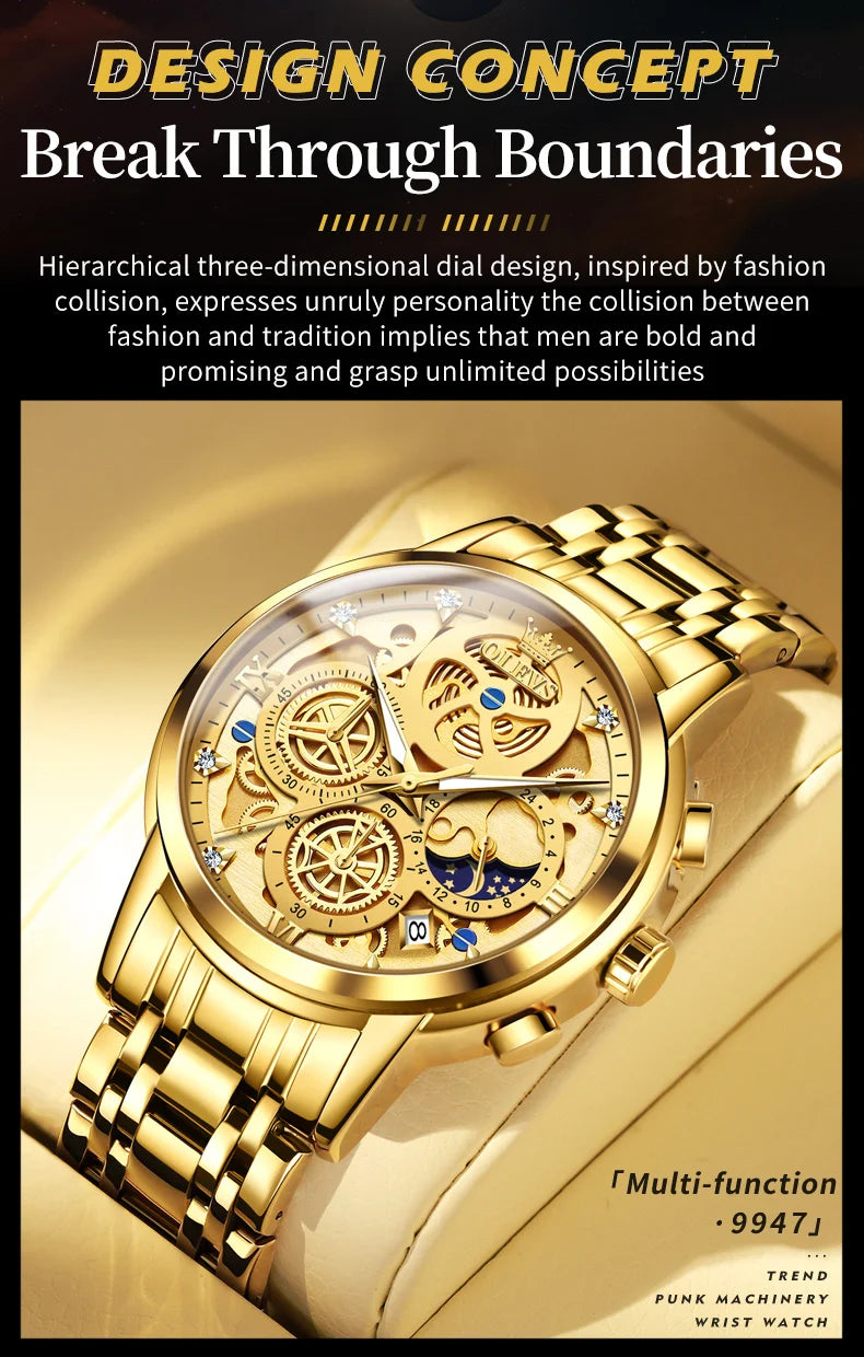 Top Brand Luxury Original Waterproof Quartz Watch for Man Gold Skeleton Style 24 Hour Day Night New