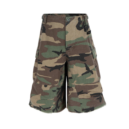 Silhouette Camouflage Cargo Cropped Shorts for Men Wide Leg Patchwork Baggy Over Knee Pants