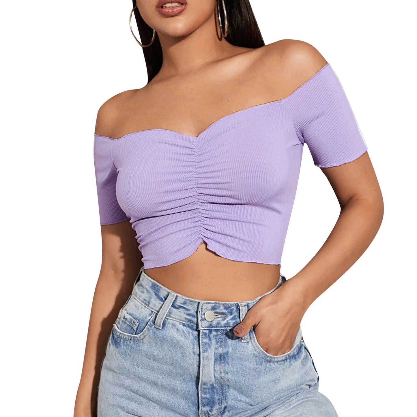 Off Shoulder Pleated Shirt Crop Tops Casual Black T-shirt V Neck