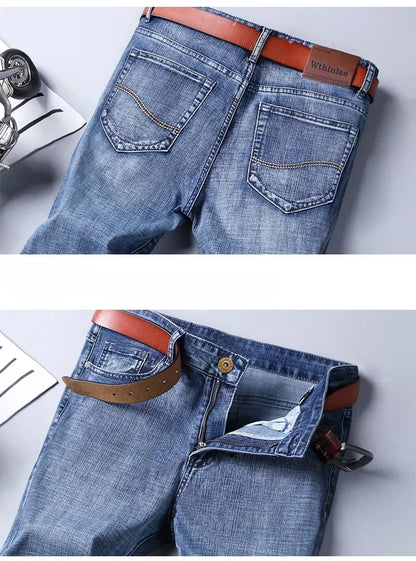 Men Classic Jeans Straight Regular Blue Stretch Denim Trousers Men's
