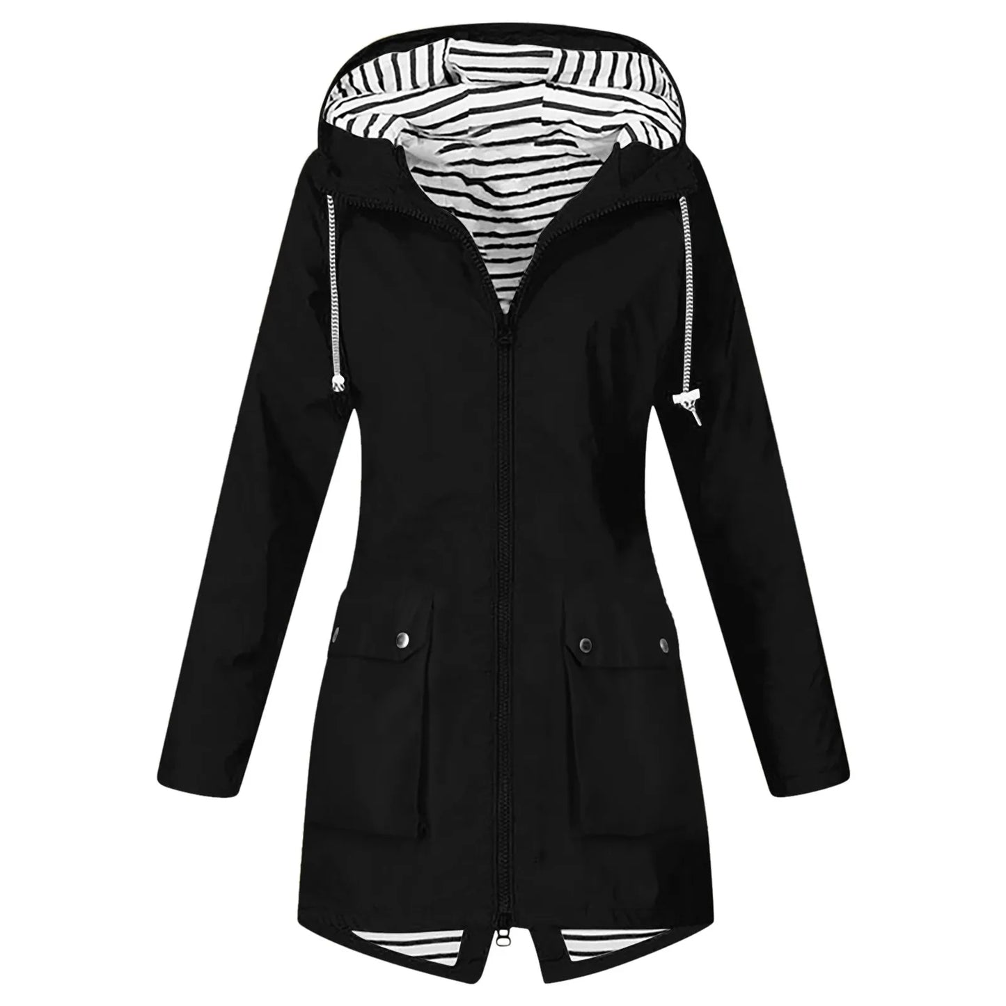 Hooded Lightweight Long Sleeve Windbreaker Zip Up Drawstring Windproof Raincoat Plus Size Long Coat Outdoor