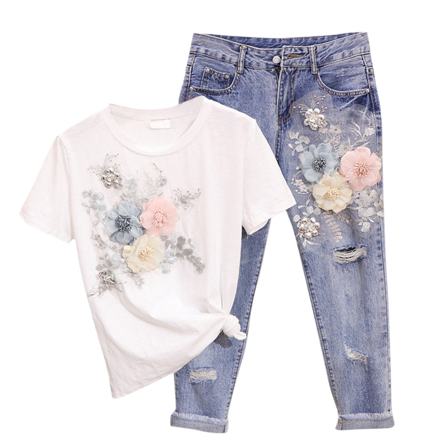 Women Two Piece Outfits 3D Flower Embroidery T Shirt Cropped Ripped Jeans