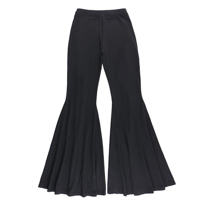 Dark Black Punk Flared Pants Long Trouser Women Lace Up Front Hollow Cut Out Bell Bottom Tied Up High Waist