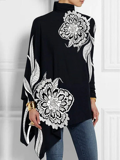 Asymmetric Floral Printed High Neck T-Shirt Long Batwing Sleeve Loose Casual