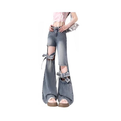 Women Y2k Bow Jeans Baggy Harajuku 2000s Trashy Hollow Out Oversize Denim Trousers 90s Aesthetic Jean Pants Vintage Clothes 2024
