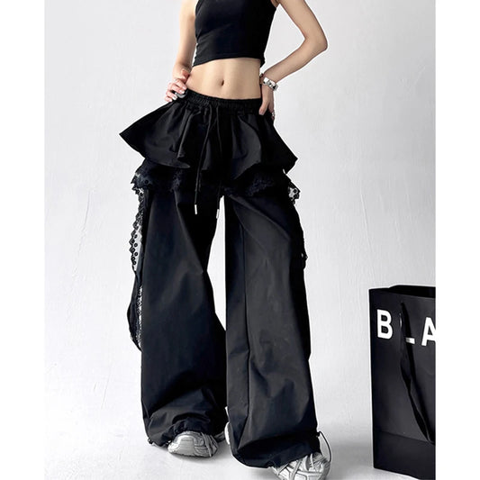 Y2K Black Cargo Pants Women Lace Patchwork White Wide Leg Pants