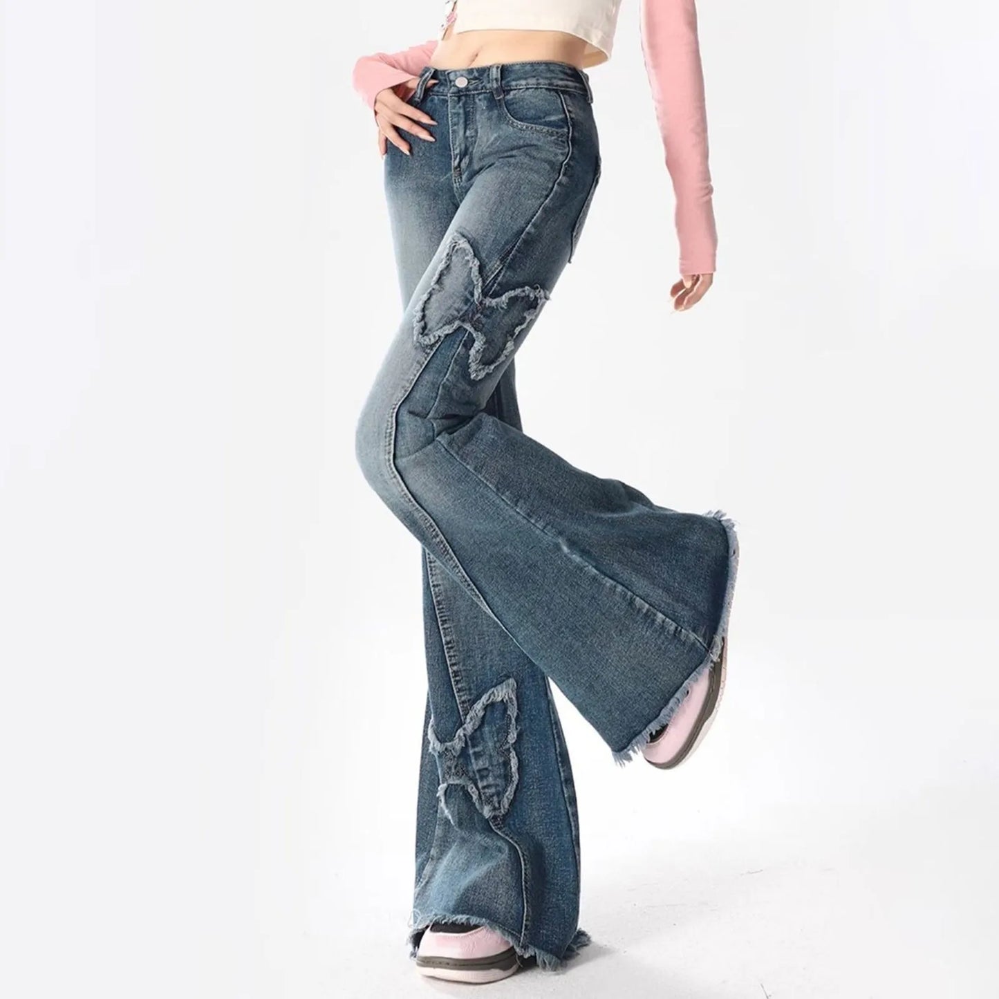 Y2k High Street Flare Jeans Retro Punk High Waist Wide Frayed Butterfly Low Rise