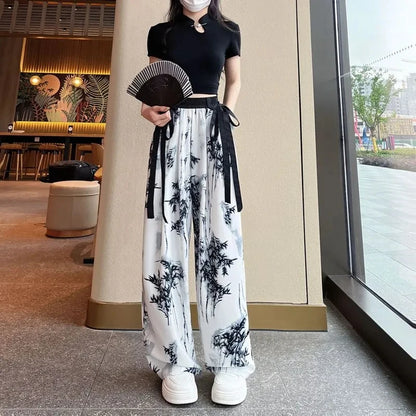 Women's Thin Casual Ice Silk Chiffon Wide Leg Pants Strap Drop Straight Tube Floor Trousers Korean Women