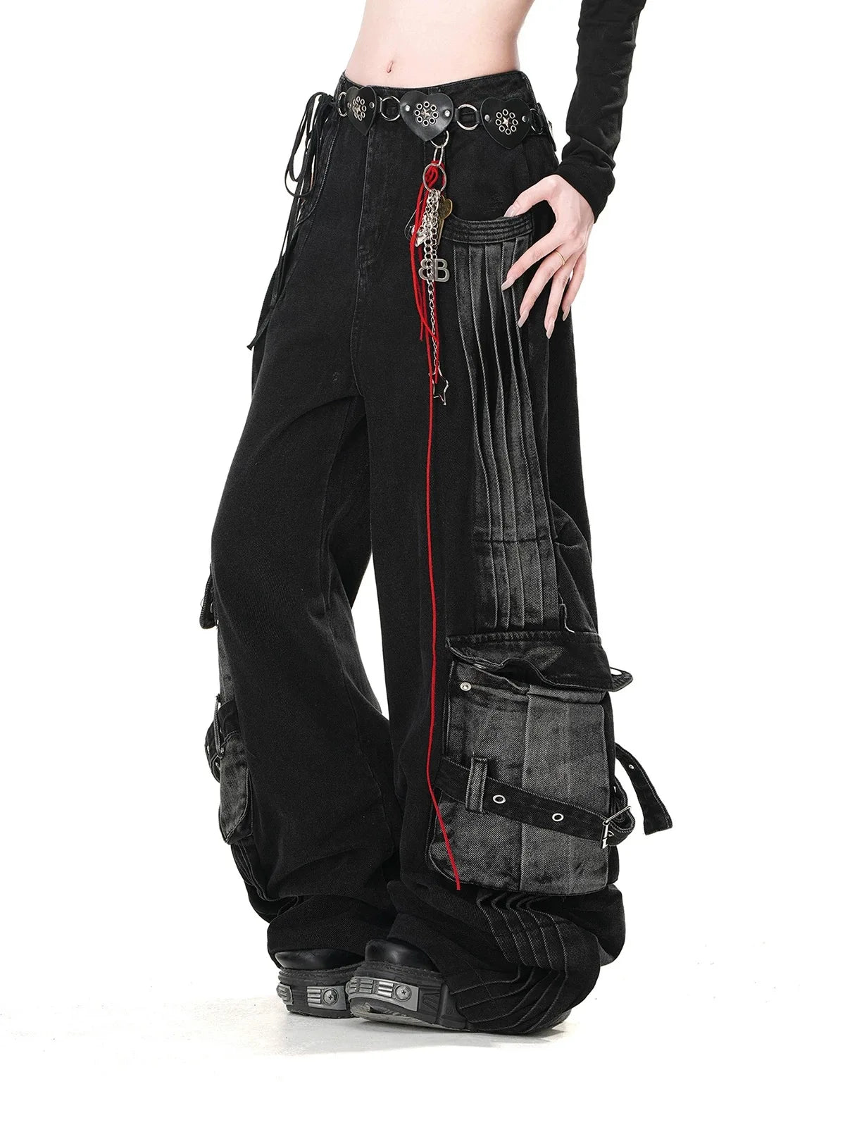 Women's Black Gothic Jeans Cargo Baggy Y2K Harajuku Fashion Streetwear 2000s Style Aesthetic Casual Retro Denim Pants Clothing