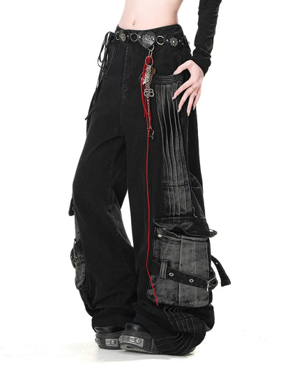Women's Black Gothic Jeans Cargo Baggy Y2K Harajuku Fashion Streetwear 2000s Style Aesthetic Casual Retro Denim Pants Clothing