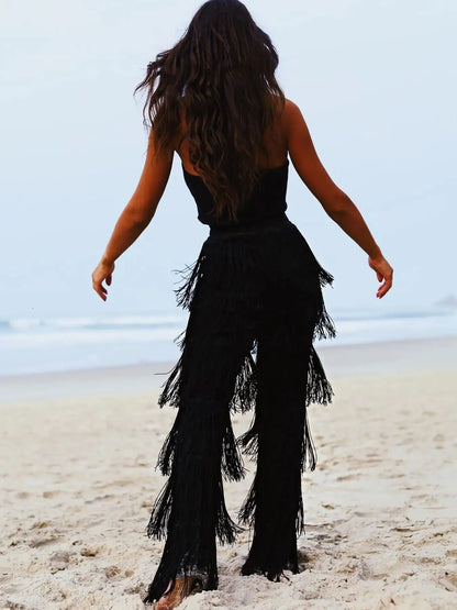 Fringed Trousers Multi-layer Solid Color Dance Trousers Tassels Plus Size