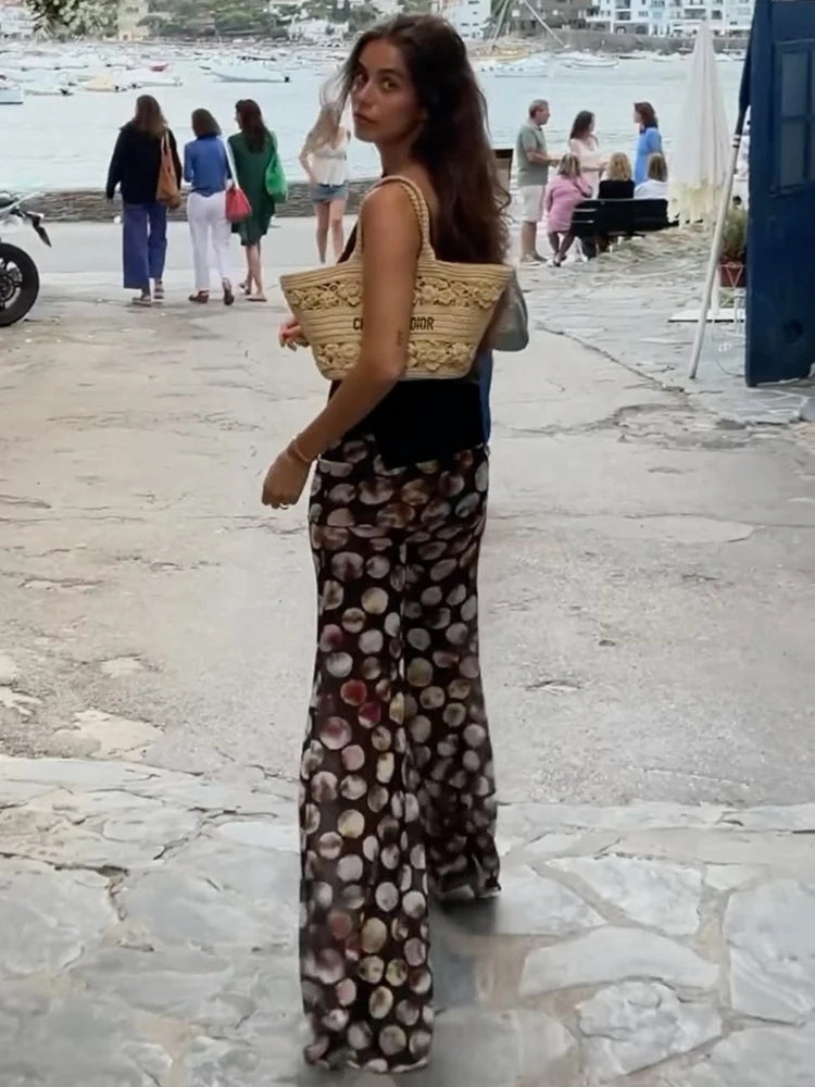 Mesh Leopard Print Trousers High Waist Print Wide Leg Pants Printed