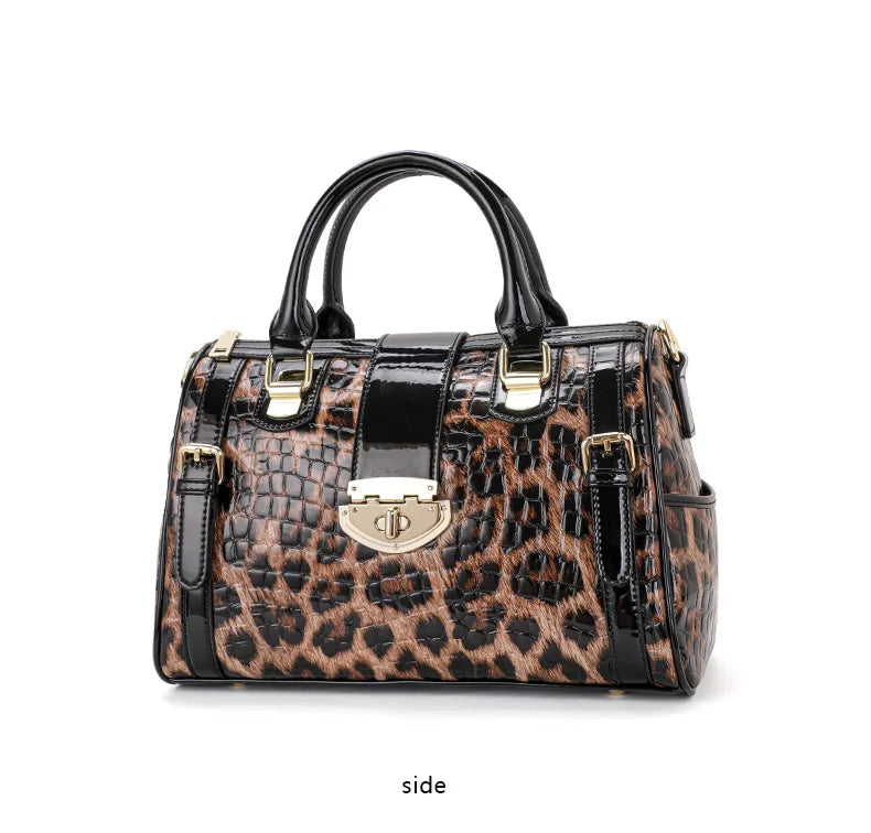 Leopard Handbag Leather Women's Bag Large Capacity Boston Bag Fashion Versatile Cowhide One Shoulder Crossbody Bag