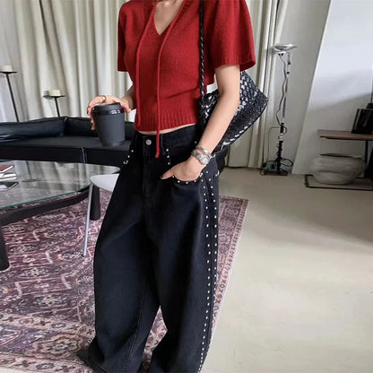 Metal Rivet Wide Leg Jeans Trousers Baggy Low Rise Pockets Denim