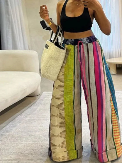 Women's Striped Printed Wide Leg Pants Contrast Color Drawstring High Waisted Loose