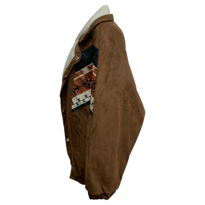 Women's Casual Quilted Jacket Vintage Brown Printing Fashion Long Sleeve Cotton Wadded Coat