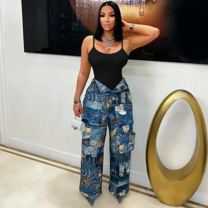 3D Print Wide Leg Cargo Active Hip Hop Straight Sweatpants Trousers