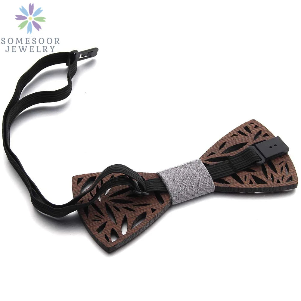 Dark Leaf Hollow Floral Wooden Bowtie For Men Wedding Suit Geometric Carved Wood Neck Ties Unisex