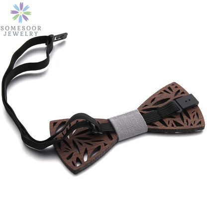 Dark Leaf Hollow Floral Wooden Bowtie For Men Wedding Suit Geometric Carved Wood Neck Ties Unisex