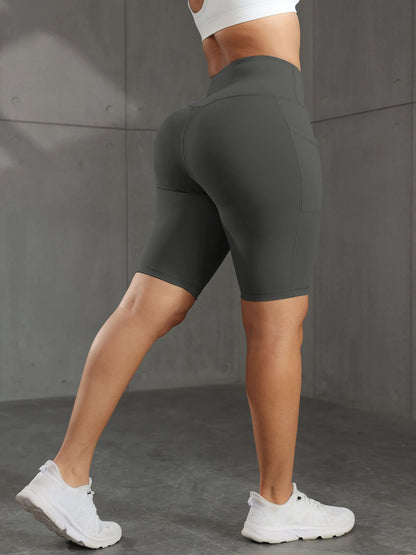 Solid Yoga Shorts with 3 Pockets High Waist Butt Lifting Elastic Cycling Shorts Activewear