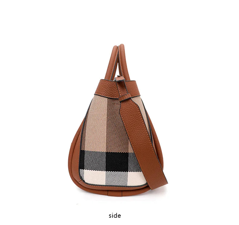 checkered women's handbag, large capacity luxury bag, canvas genuine leather bag